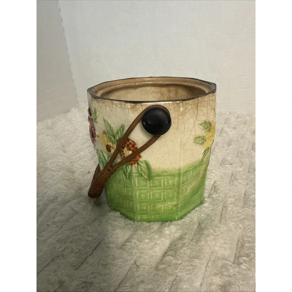 Vintage Handpainted Ceramic Cracker Biscuit Jar Rattan Basketweave Cottagecore